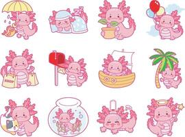 Axolotl in the variation of daily life. Illustration of cute axolotl activities icon. vector