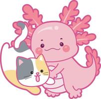 Axolotl playing with kitten. Illustration of cute axolotl activities icon. vector