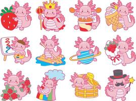 Axolotl in the variation of random activity. Illustration of cute axolotl activities icon. vector