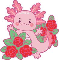 Axolotl in the middle of rose garden. Illustration of cute axolotl activities icon. vector