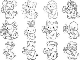 Outline of animals cleaning the vase with feather duster. Coloring pages of cute animals. vector
