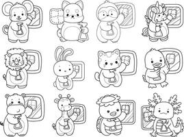 Outline of animals wipe the window with spray. Coloring pages of cute animals. vector