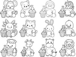 Outline of animals throw the garbage into its place. Coloring pages of cute animals. vector