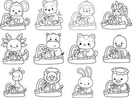 Outline of animals washing a plate in the sink. Coloring pages of cute animals. vector
