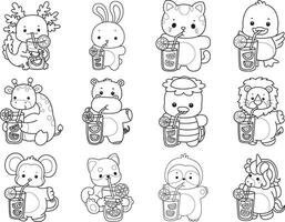 Outline of animals drinkng an orange juice. Coloring pages of cute animals. vector