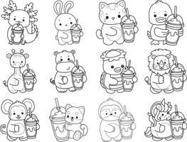 Outline of animals bring a milkshake. Coloring pages of cute animals. vector