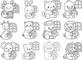 Outline of animals relaxing with hot tea. Coloring pages of cute animals. vector