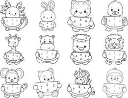 Outline of animals bring a watermelon. Coloring pages of cute animals. vector