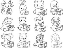 Outline of animals bring a strawberry milk. Coloring pages of cute animals. vector