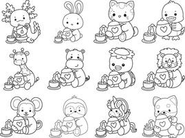 Outline of animals pouring a tea from the teapot. Coloring pages of cute animals. vector