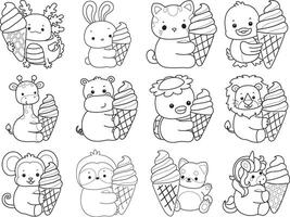 Outline of animals bring a strawberry ice cream. Coloring pages of cute animals. vector