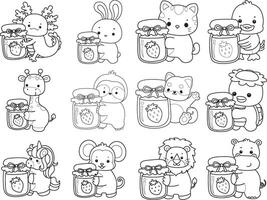 Outline of animals bring a strawberry jam. Coloring pages of cute animals. vector