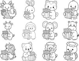 Outline of animals bring a french fries. Coloring pages of cute animals. vector