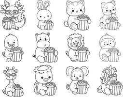 Outline of animals bring a popcorn. Coloring pages of cute animals. vector