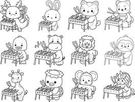 Outline of animals grilled the barbecue. Coloring pages of cute animals. vector