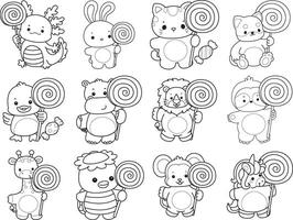 Outline of animals bring a lollipop. Coloring pages of cute animals. vector