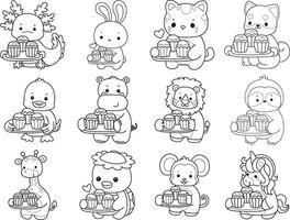 Outline of animals bring a three of cupcakes. Coloring pages of cute animals. vector