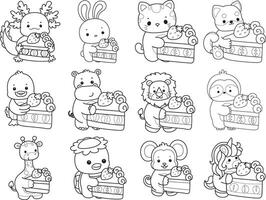 Outline of animals bring a strawberry cake. Coloring pages of cute animals. vector