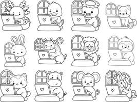 Outline of animals working with notepad. Coloring pages of cute animals. vector