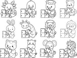 Outline of animals playing a puzzle. Coloring pages of cute animals. vector