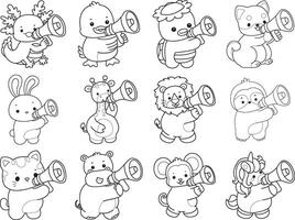 Outline of animals sounding with megaphone. Coloring pages of cute animals. vector