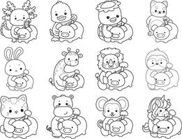 Outline of animals savings money in the piggy bank. Coloring pages of cute animals. vector