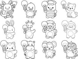 Outline of animals bring a lamp. Coloring pages of cute animals. vector