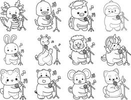 Outline of animals sing a song with microphone. Coloring pages of cute animals. vector