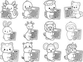 Outline of animals bring a calculator. Coloring pages of cute animals. vector