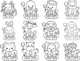 Outline of animals playing a sand castle. Coloring pages of cute animals. vector