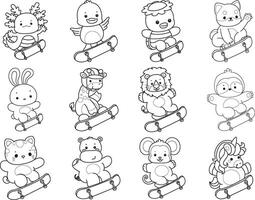 Outline of animals playing a skateboard. Coloring pages of cute animals. vector