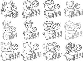 Outline of animals playing a volley ball. Coloring pages of cute animals. vector