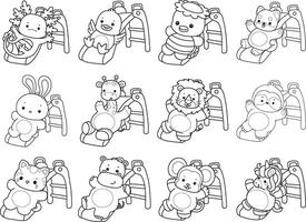 Outline of animals playing a sliding. Coloring pages of cute animals. vector