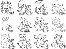 Outline of animals roasting a marshmallow. Coloring pages of cute animals. vector