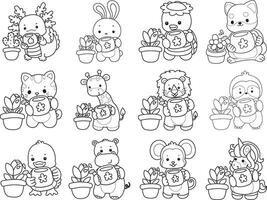 Outline of animals watering a tulip flower. Coloring pages of cute animals. vector