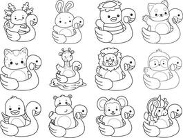 Outline of animals stuck in the flamingo tire. Coloring pages of cute animals. vector