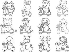 Outline of animals driving a scooter. Coloring pages of cute animals. vector