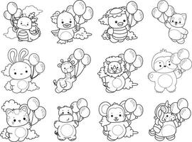 Outline of animals bring a three of balloons. Coloring pages of cute animals. vector