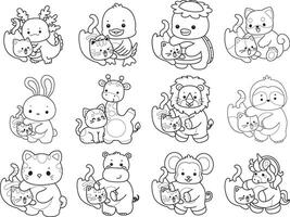 Outline of animals with kitten. Coloring pages of cute animals. vector