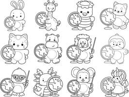 Outline of animals bring a globe. Coloring pages of cute animals. vector