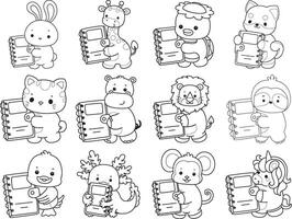 Outline of animals bring a books. Coloring pages of cute animals. vector