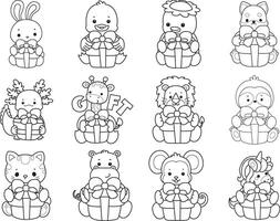 Outline of animals bring a gift box. Coloring pages of cute animals. vector