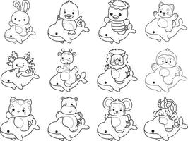 Outline of animals riding a shark. Coloring pages of cute animals. vector