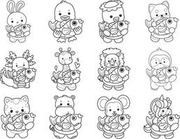 Outline of cute animals bring a gold fish. Coloring pages of cute animals. vector