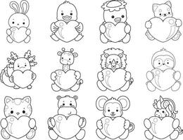 Outline of animals bring a love sign. Coloring pages of cute animals. vector