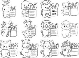 Outline of animals bring a grocery bag. Coloring pages of cute animals. vector