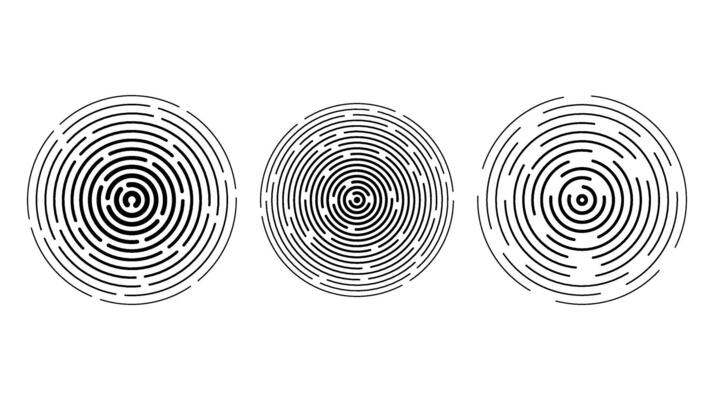 Concentric circle segments set. Rippled round patten background. Sonar or sound wave rings collection. Epicentre, target, radar icon concept. Radial signal vibration elements