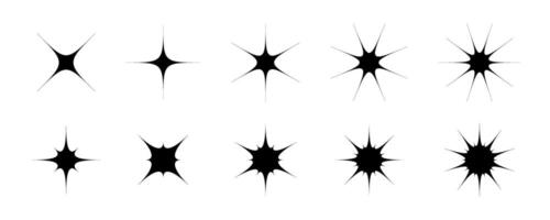 Black star and sparkle shapes set. Retro bling twinkle collection. Abstract y2k starburst shine effect pack. Design elements for template, poster, banner, logo, card, icon. Illustration bundle vector