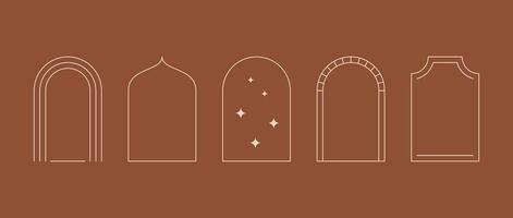 Linear arch frame set in minimal boho style. Bohemian decorative ornamental border collection for badge, logo, card, poster, banner, post. Line arc elements with stars for design template. vector