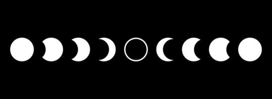Full moon eclipse concept illustration. Set of moon phases or stages. Total sun eclipse and lunar cycle. Black and white elements collection for poster, banner, collage, brochure, leaflet vector